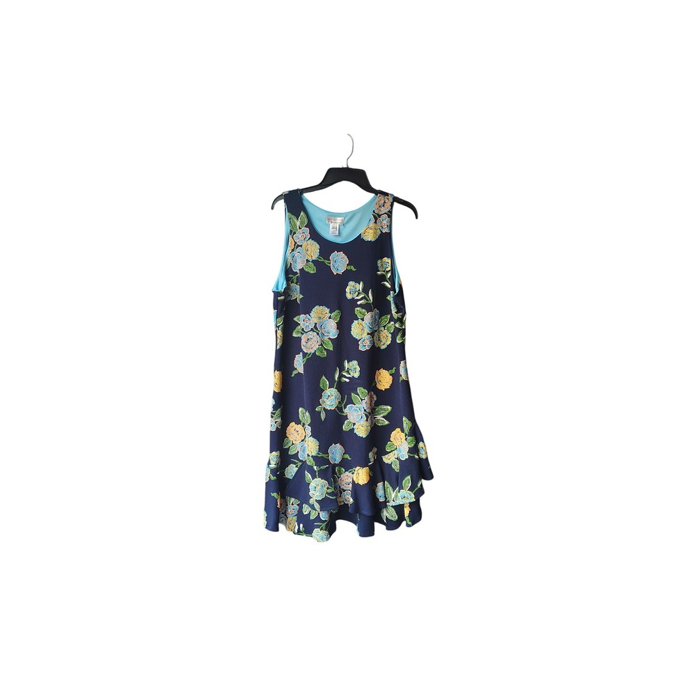 Signature by Robbie Bee Womens XL Navy Blue Floral Ruffle Hem Sleeveless Dress